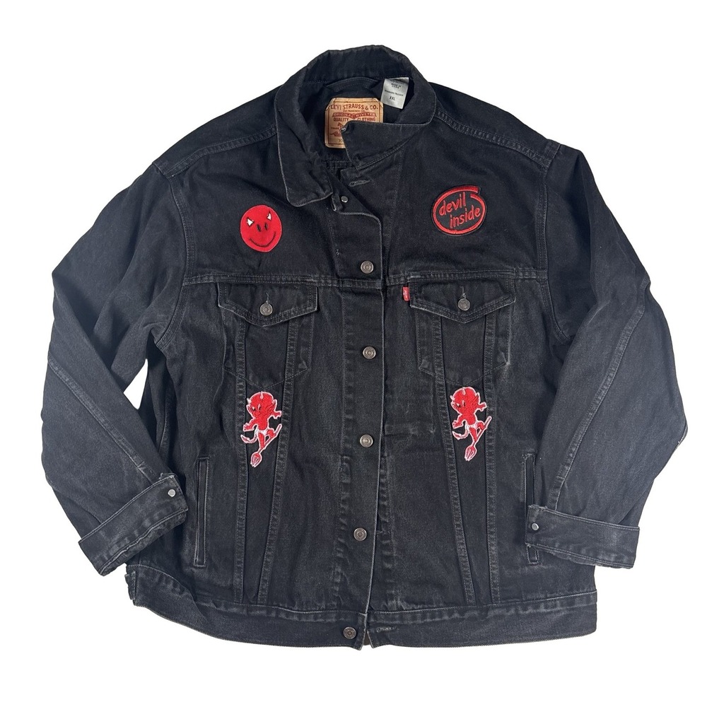 Levi’s 70507 Black Denim Trucker Jacket XXL Devil Patches Custom Biker Punk